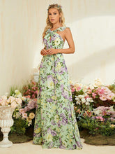 Floral Print Ruffle Trim Belted Maxi Chiffon Bridesmaid Dress